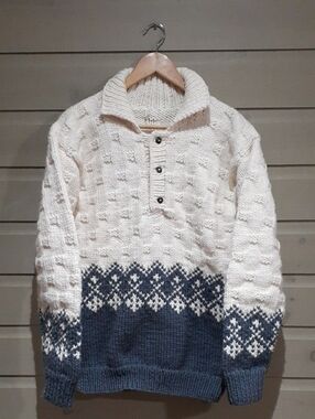 Hand Knit Chunky Sweater Blue Cream
